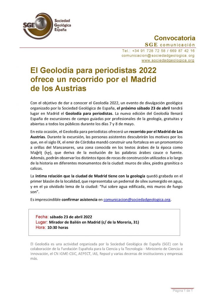 Nota de prensa del Geolodía para periodistas.