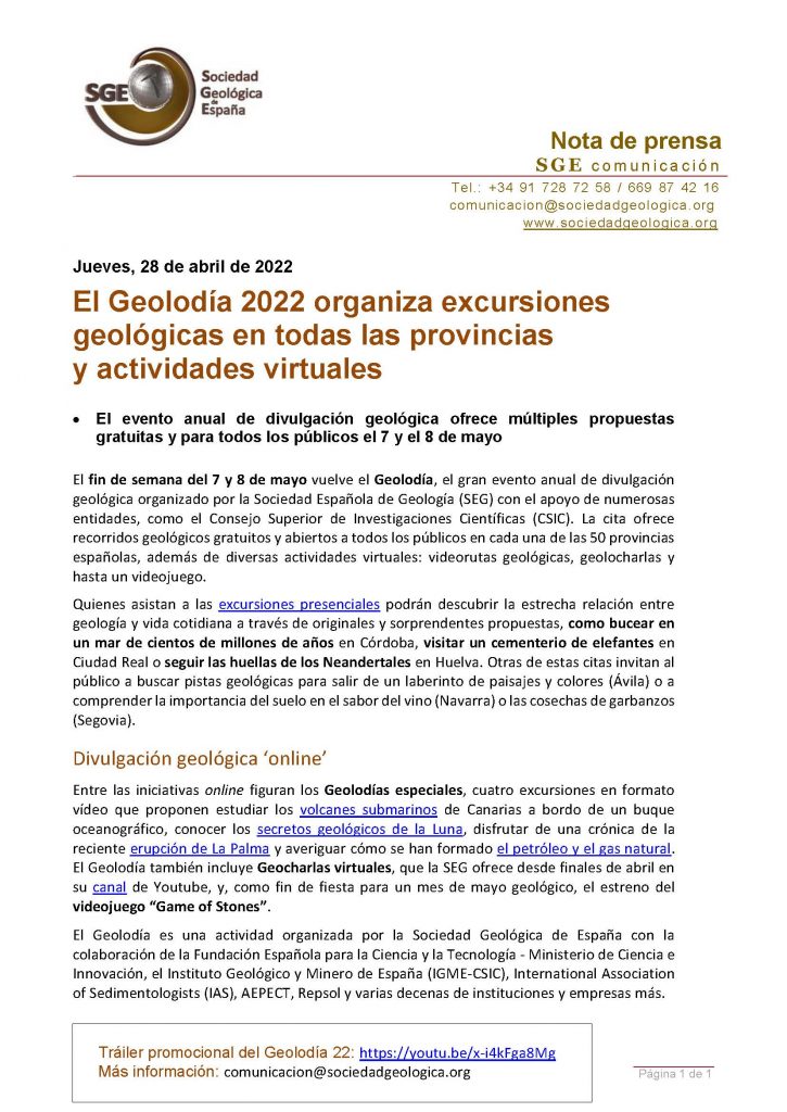 Nota de prensa Geolodía 2022